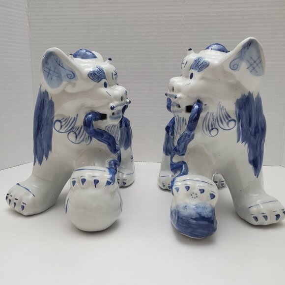 Foo Dogs, Chinese Guardian Lions, Blue And White, Porcelain, Vintage, Pair, Figu - Picture 5 of 12